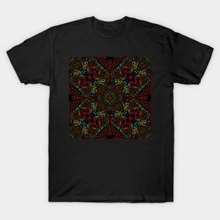 Blue and red abstract flourish seamless kaleidoscope black background T-Shirt